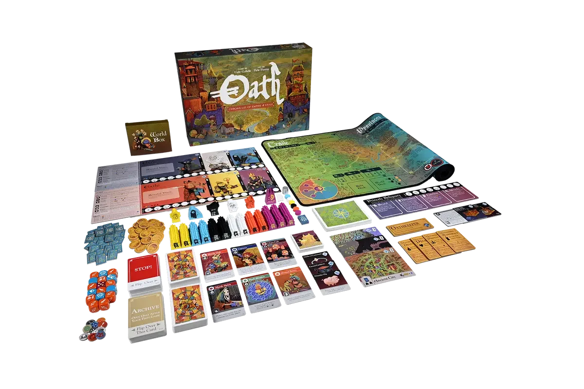 Oath Chronicles of Empire and Exile complete components including game board, cards, tokens, dice, and player boards