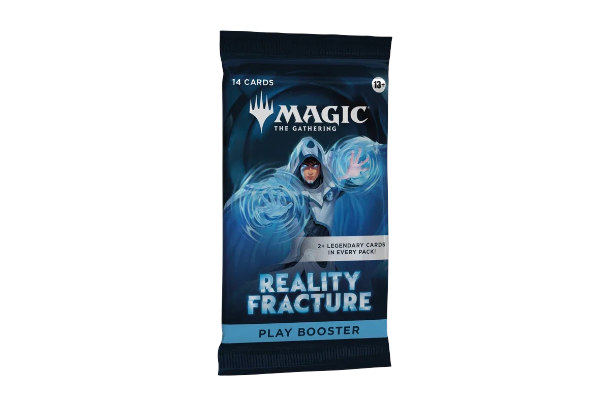 A sealed front-view booster pack containing 14 cards with 2+ legendary