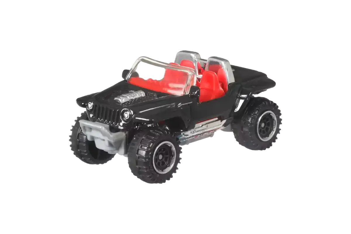 Black Matchbox off-road jeep with red seats and roll cage
