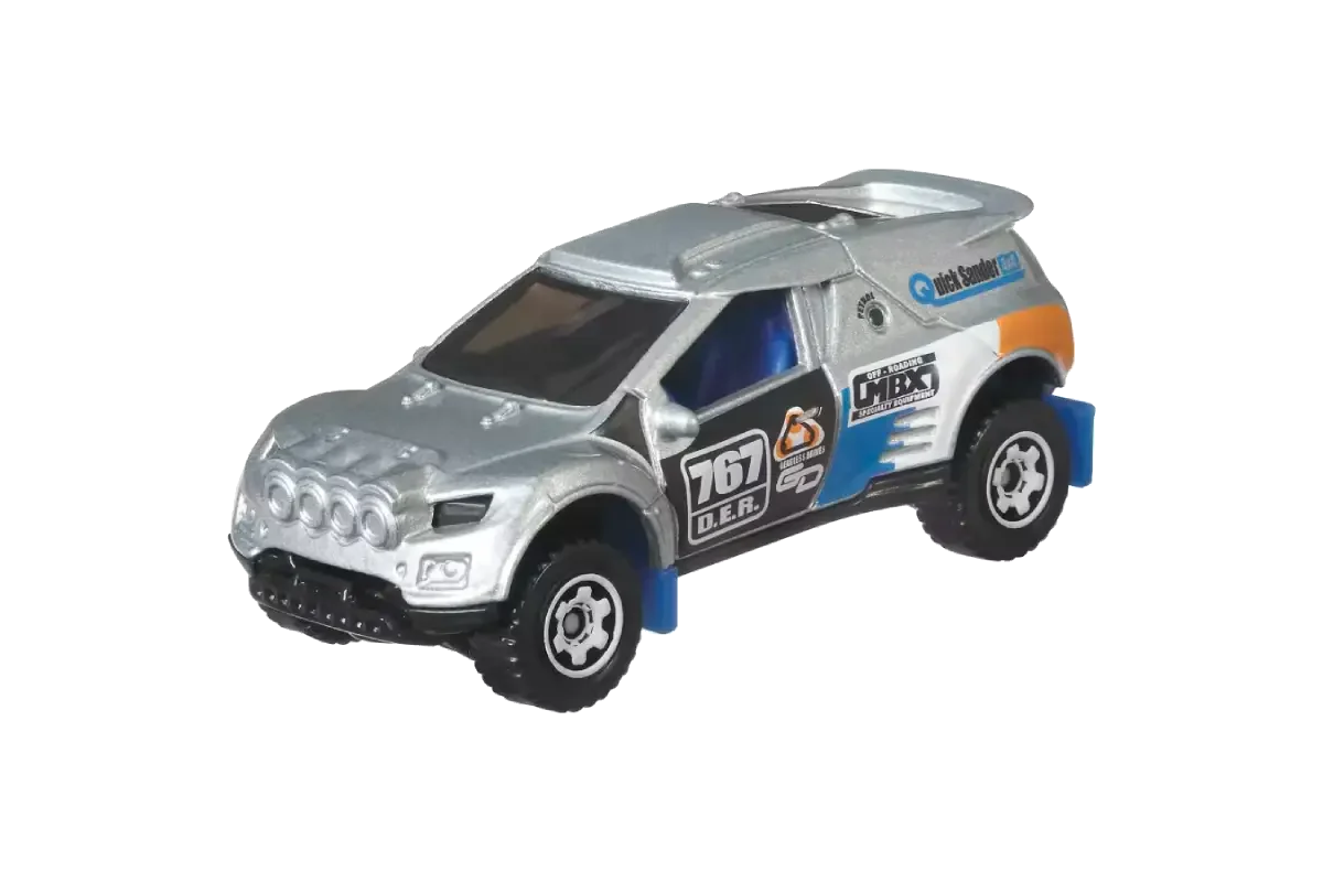 Silver Matchbox rally car with racing decals and number 767