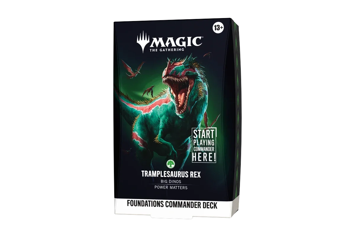 A sealed Magic: The Gathering Foundations Commander Deck featuring Tramplesaurus Rex front-angle view