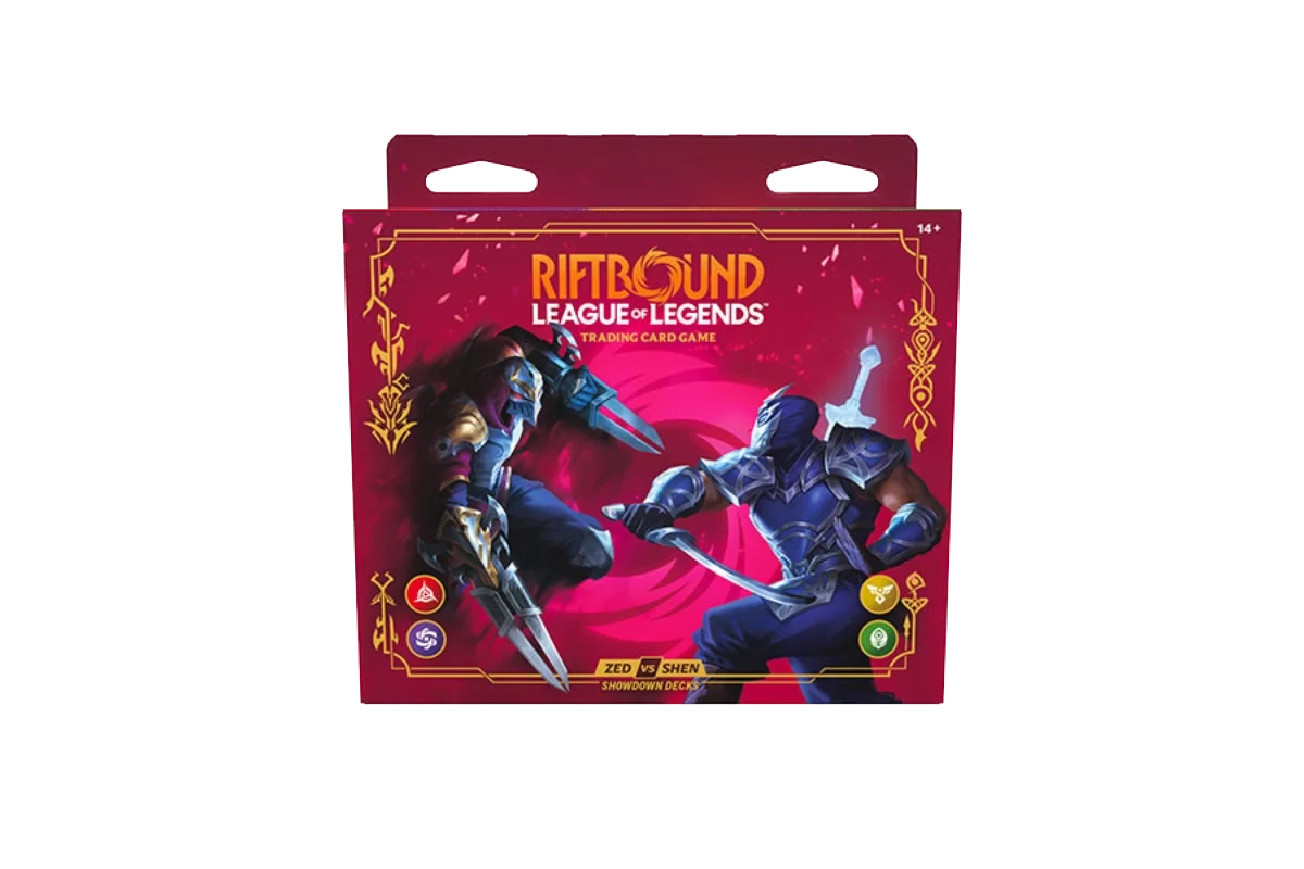 Riftbound Vendetta Zed vs Shen Showdown Decks box featuring Zed and Shen face-off