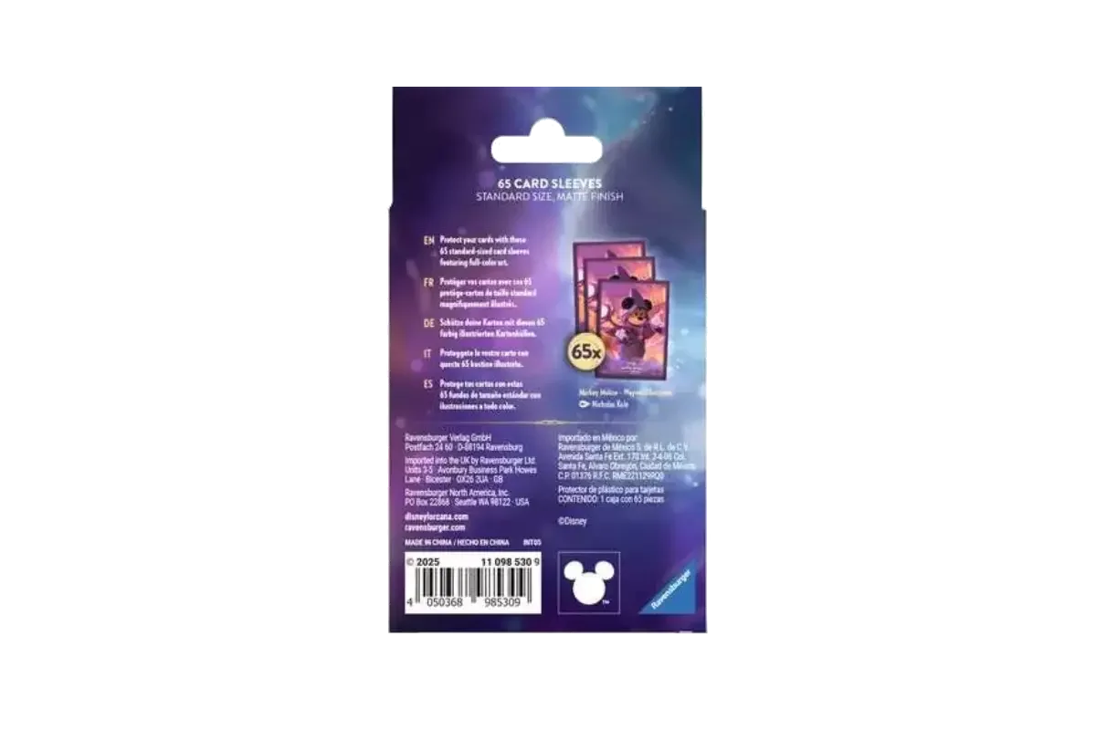 Disney Lorcana Mickey Mouse card sleeves packaging back showing 65 matte-finish sleeves and product specifications