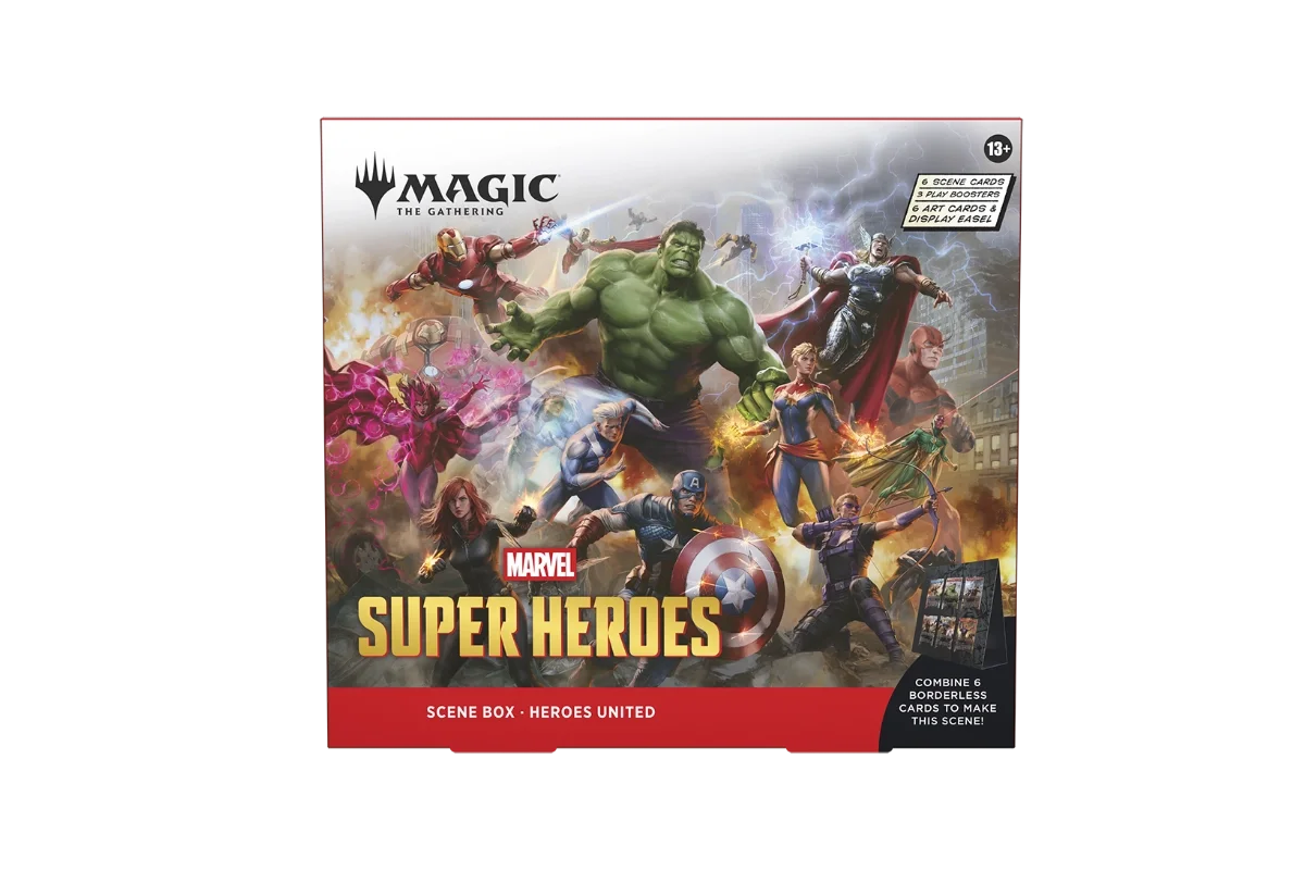 Magic: The Gathering Marvel Super Heroes Scene Box Heroes United featuring Captain America, Hulk, Thor, Iron Man, Scarlet Witch, Black Widow, Captain Marvel, and Hawkeye