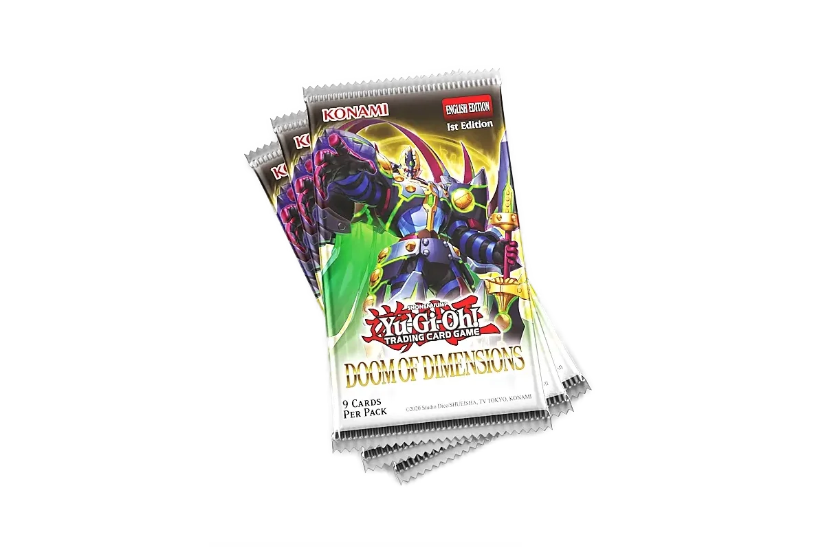 Yu-Gi-Oh! Doom of Dimensions booster pack stack featuring DoomZ Dragon and Xyz monsters