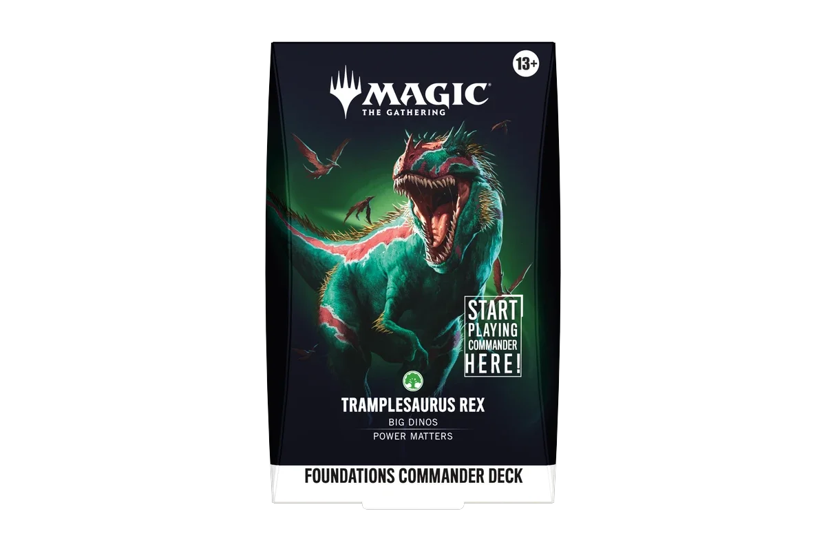 A sealed Magic: The Gathering Foundations Commander Deck featuring Tramplesaurus Rex front view