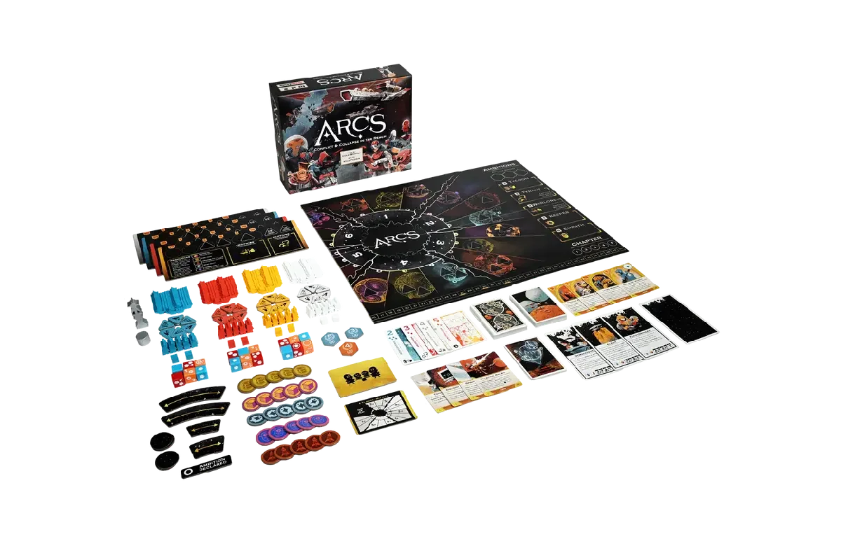 Arcs complete game components including six-panel board, 100 wooden ships, 18 custom dice, and cards