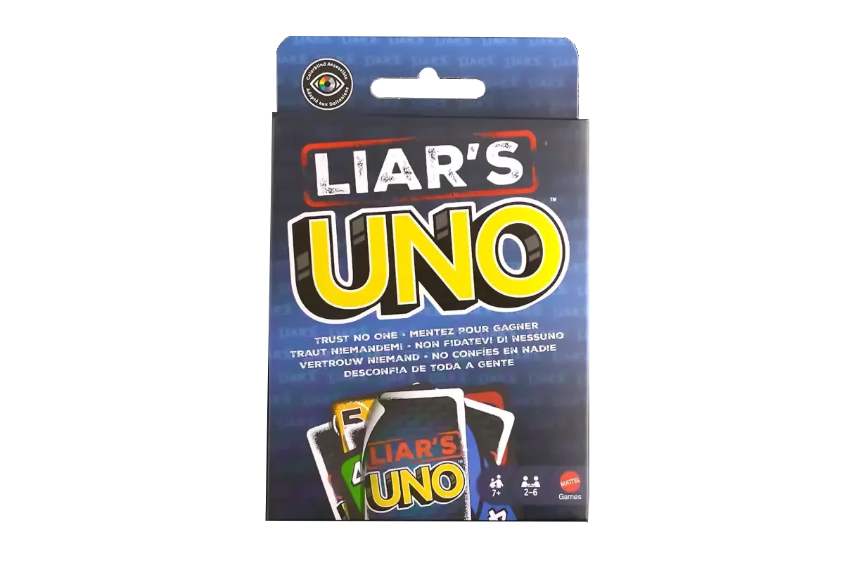Liar's UNO card game with dark blue packaging and "Trust No One" tagline