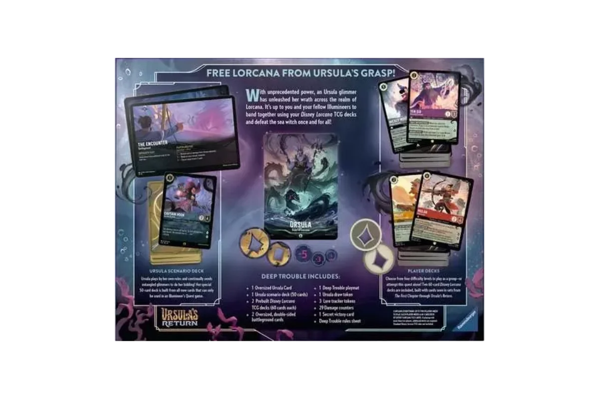 Back of Disney Lorcana Illumineer's Quest showing Ursula scenario deck, player decks, and included components
