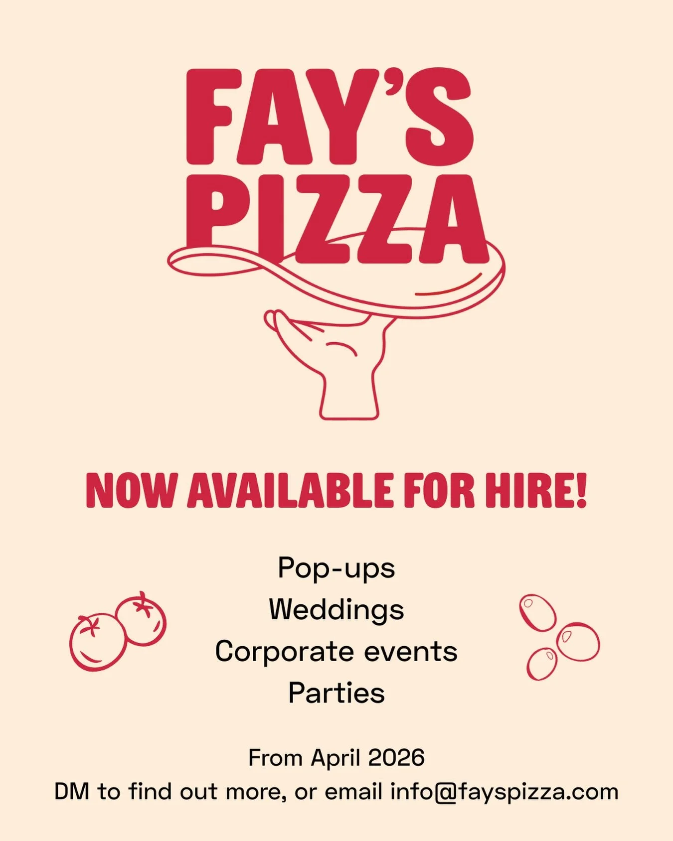 Bookings are officially OPEN 🔥
 Fay&rsquo;s Pizza is now available for hire from April 2026 🍕
Thin, crispy pizzas made fresh at your event, a guaranteed crowd-pleaser.
 Weddings | Parties | Pop-ups | Corporate

📩 DM us 📧 Email us (info@fayspizza.