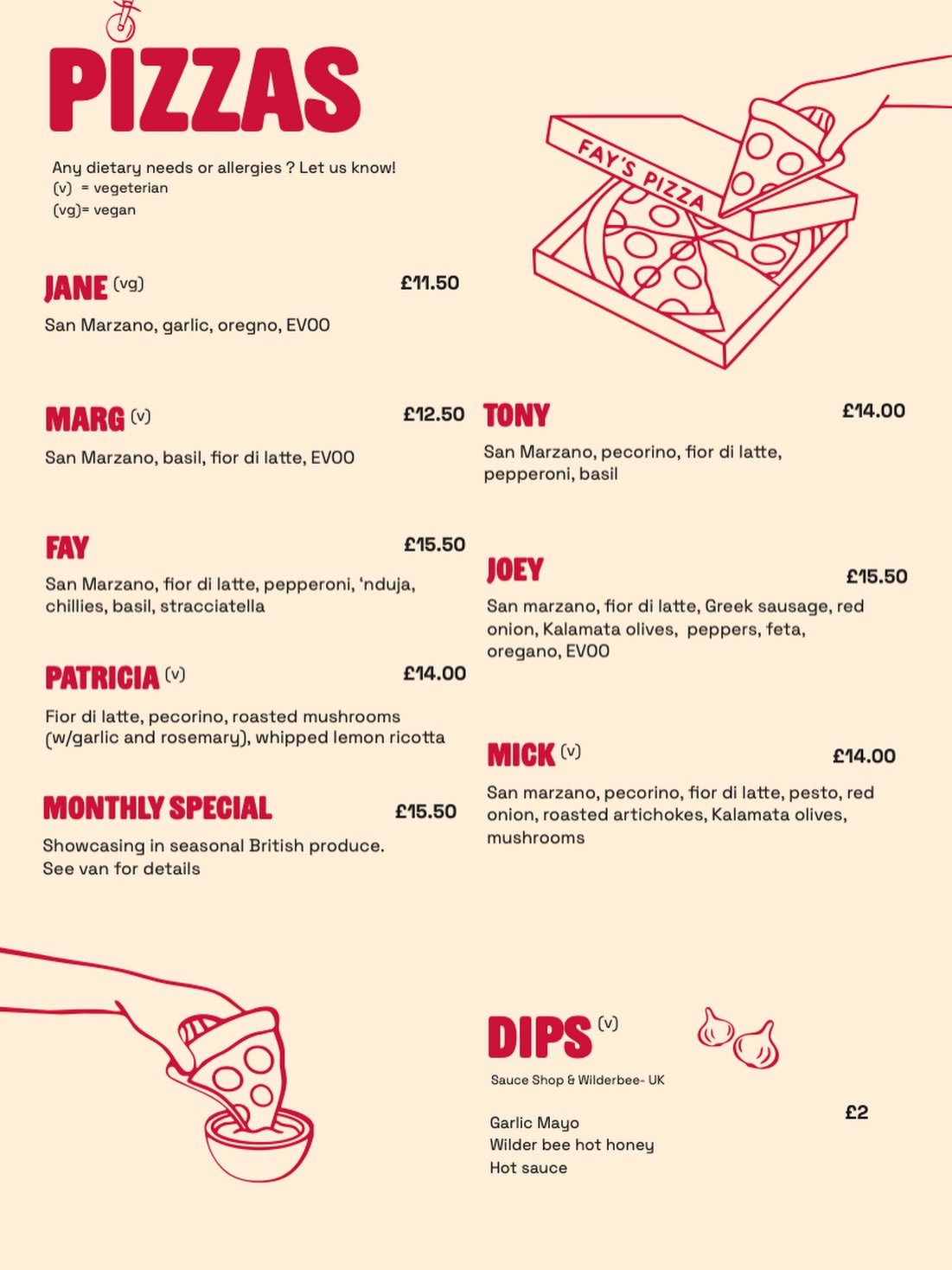 Less than a week until we&rsquo;re live! 

Here&rsquo;s a look at our menu, big flavours, fresh ingredients. 

From classic favourites to signature creations, every slice at Fay&rsquo;s Pizza is made with love and a nod to British made produce and in