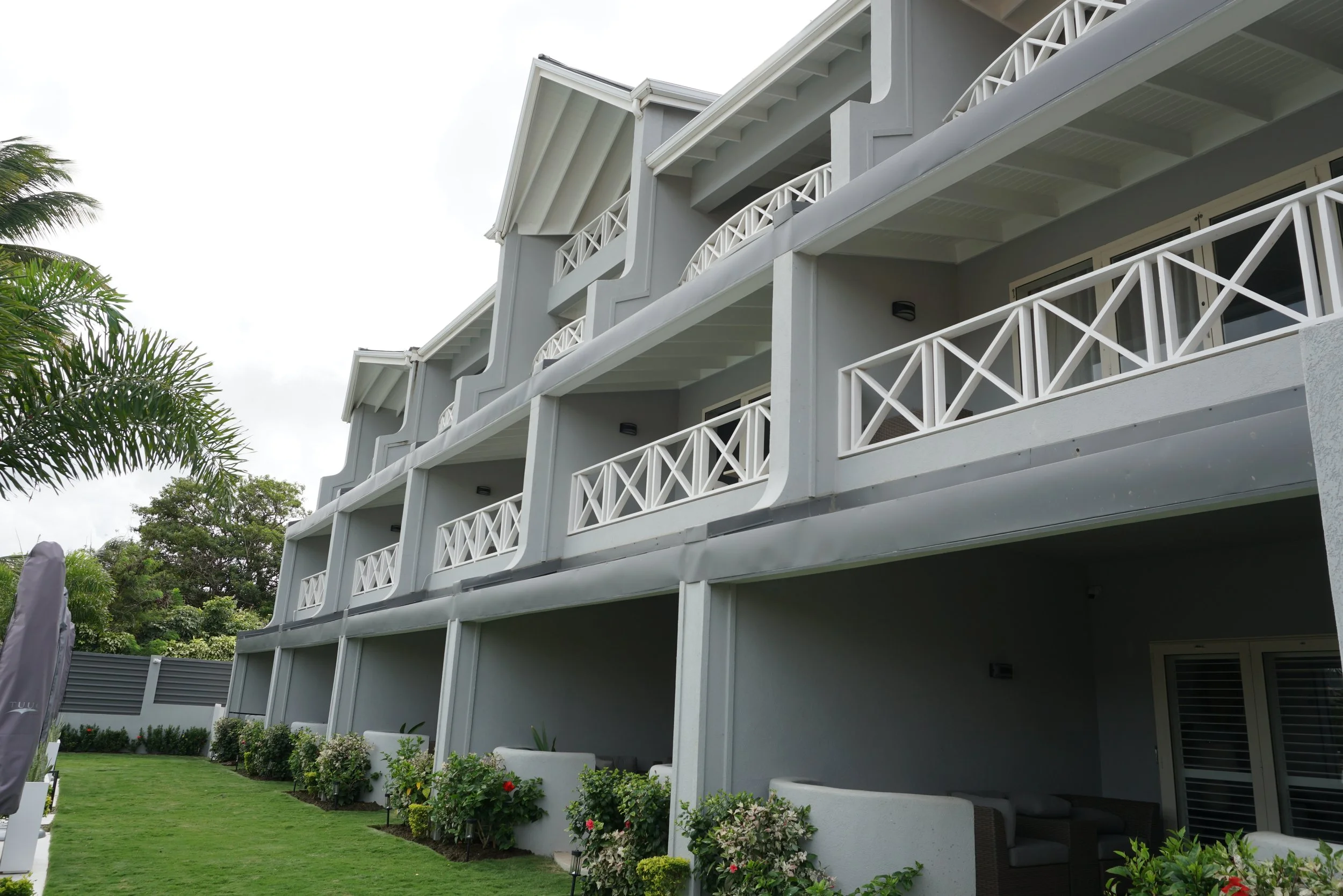 Balconies of the villas overlooking the pool area and Rodney Bay.