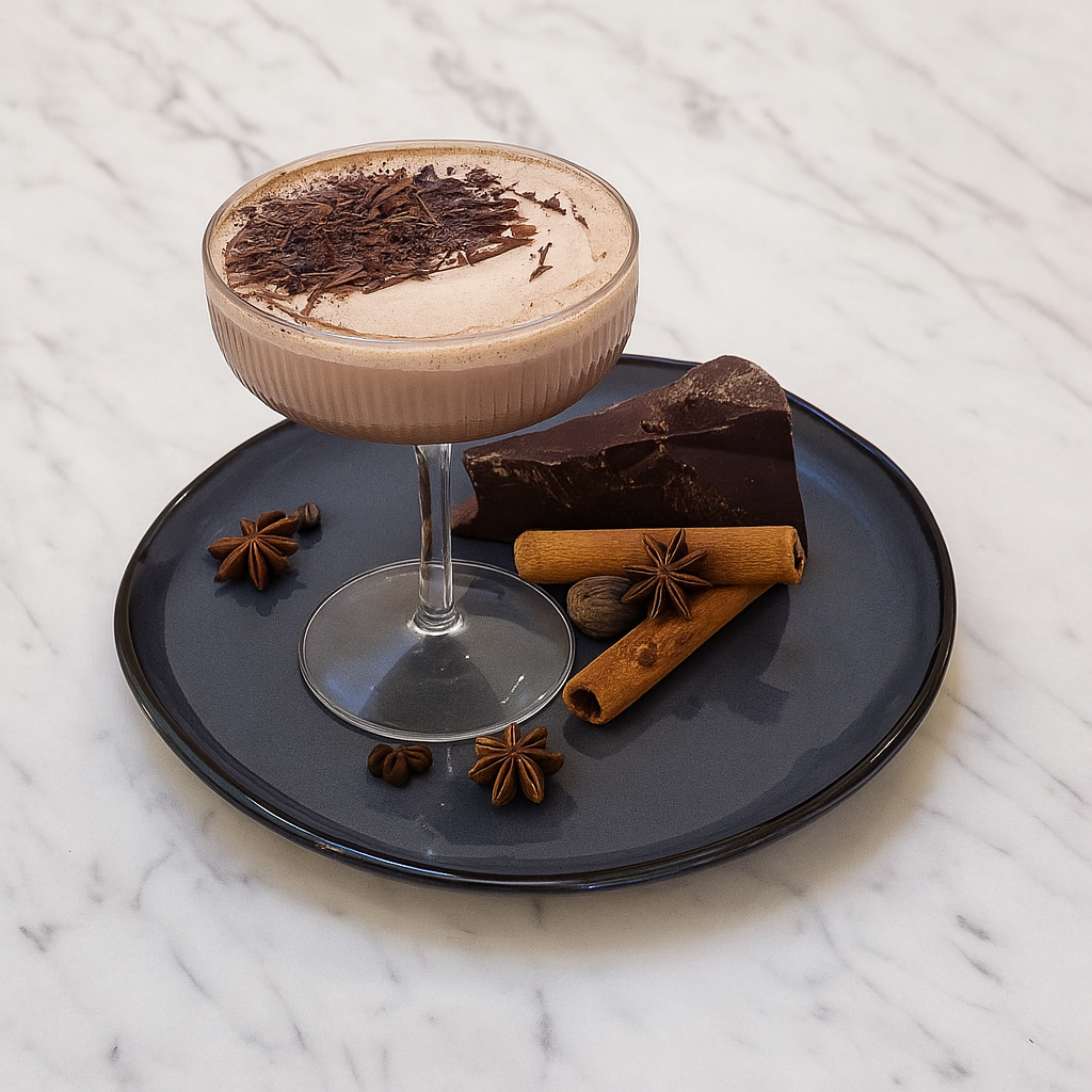 A glass of creamy chocolate mousse garnished with chocolate shavings, served on a dark plate with two cinnamon sticks, a piece of dark chocolate, star anise, and a cardamom pod, all on a white marble surface.