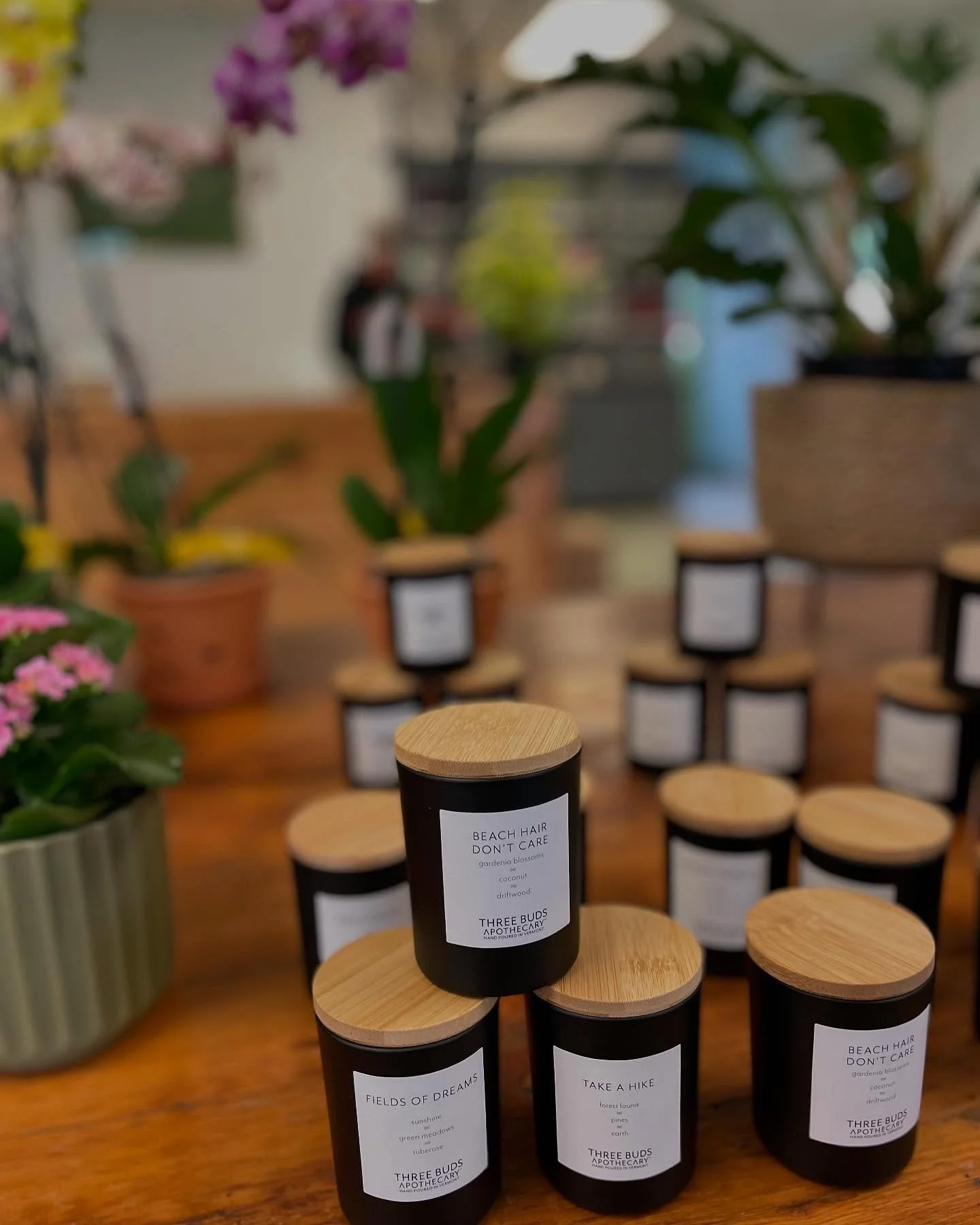 Assorted candles and potted plants displayed on a wooden surface, with some candles labeled with calming names and scents.