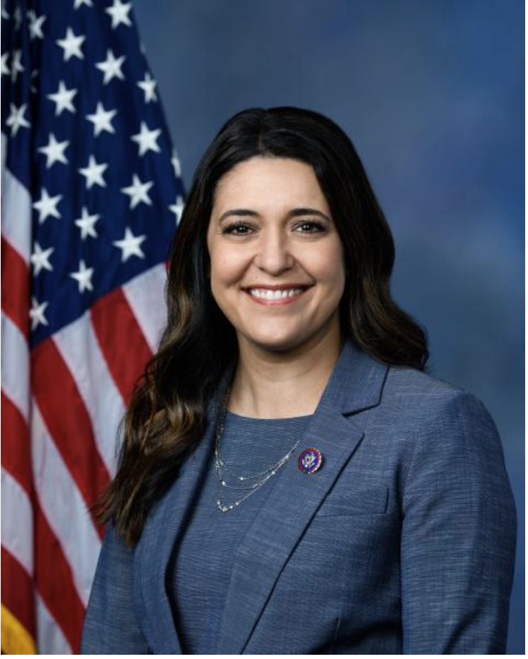 A woman with long brown hair smiling, wearing a blue blazer and layered necklaces, standing in front of an American flag.