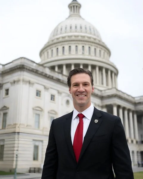 Man in suit and red tie standing in front of the Capitol building.