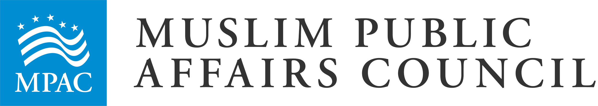 Logo of the Muslim Public Affairs Council (MPAC) with a blue background, white stars, and a white waving flag design.