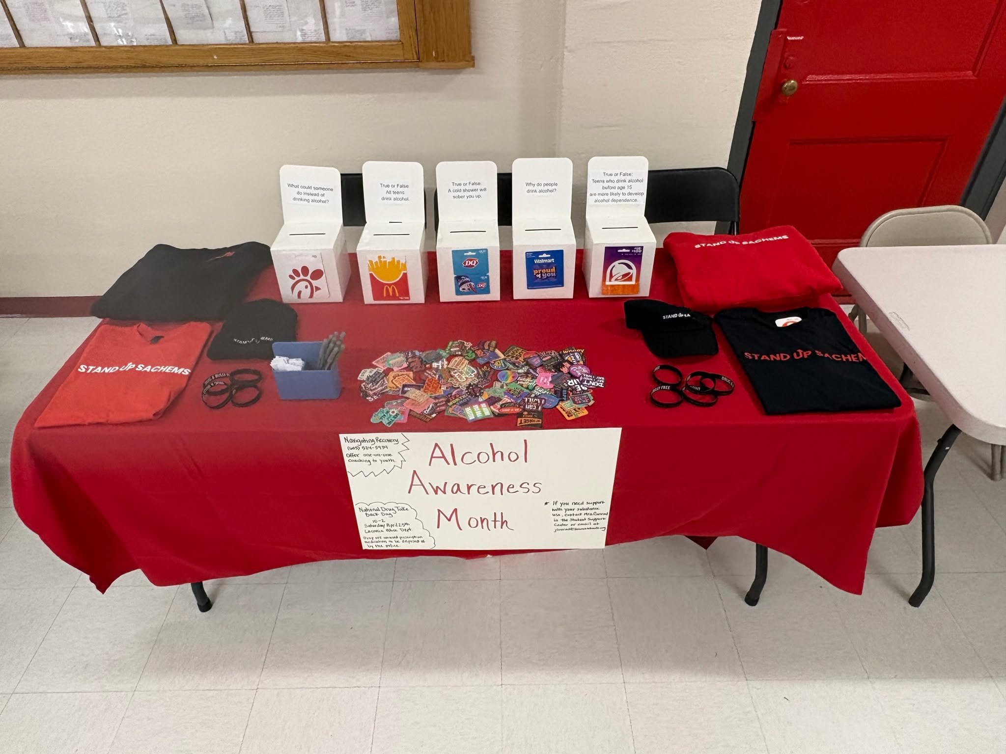 Our Stand up Sachems group is out at the high school for Alcohol Awareness month. The advisors and students are showing up for each other to raise awareness of the dangers of substance use disorders, and alcohol.