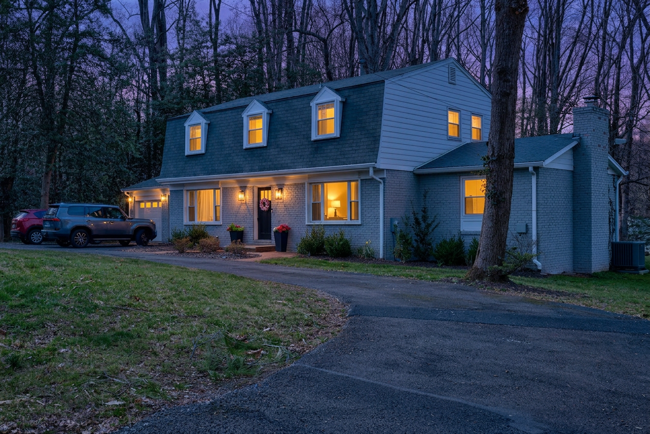 A two-story house at dusk with warm lights on, surrounded by trees and a driveway with two parked cars.