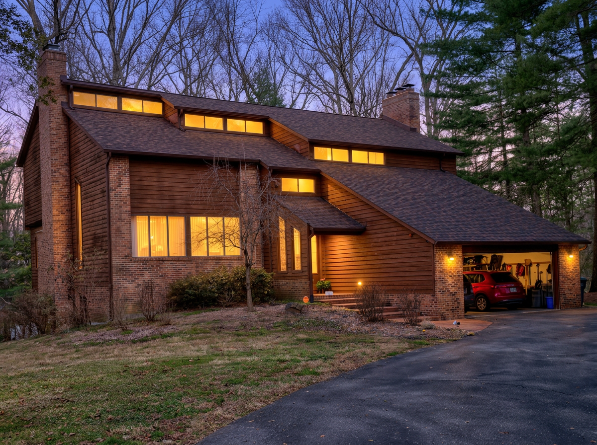 A two-story house with brick and wooden exterior, illuminated warm lights from inside, surrounded by trees at dusk with a driveway leading to the garage where a red car is parked.