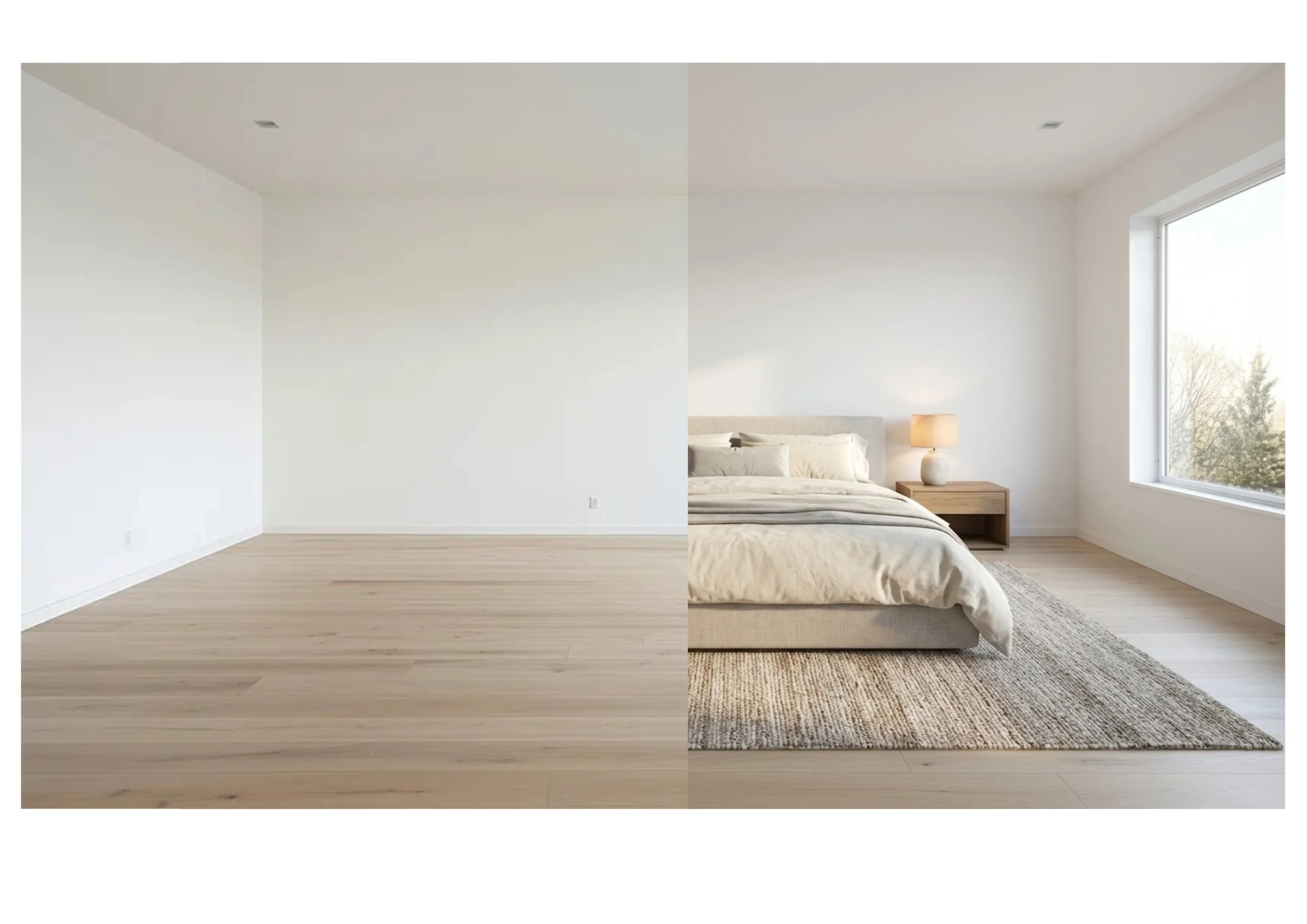 Comparison of an empty, minimally decorated bedroom on the left with a furnished bedroom on the right, featuring a bed, nightstand, lamp, and large window with view of trees.