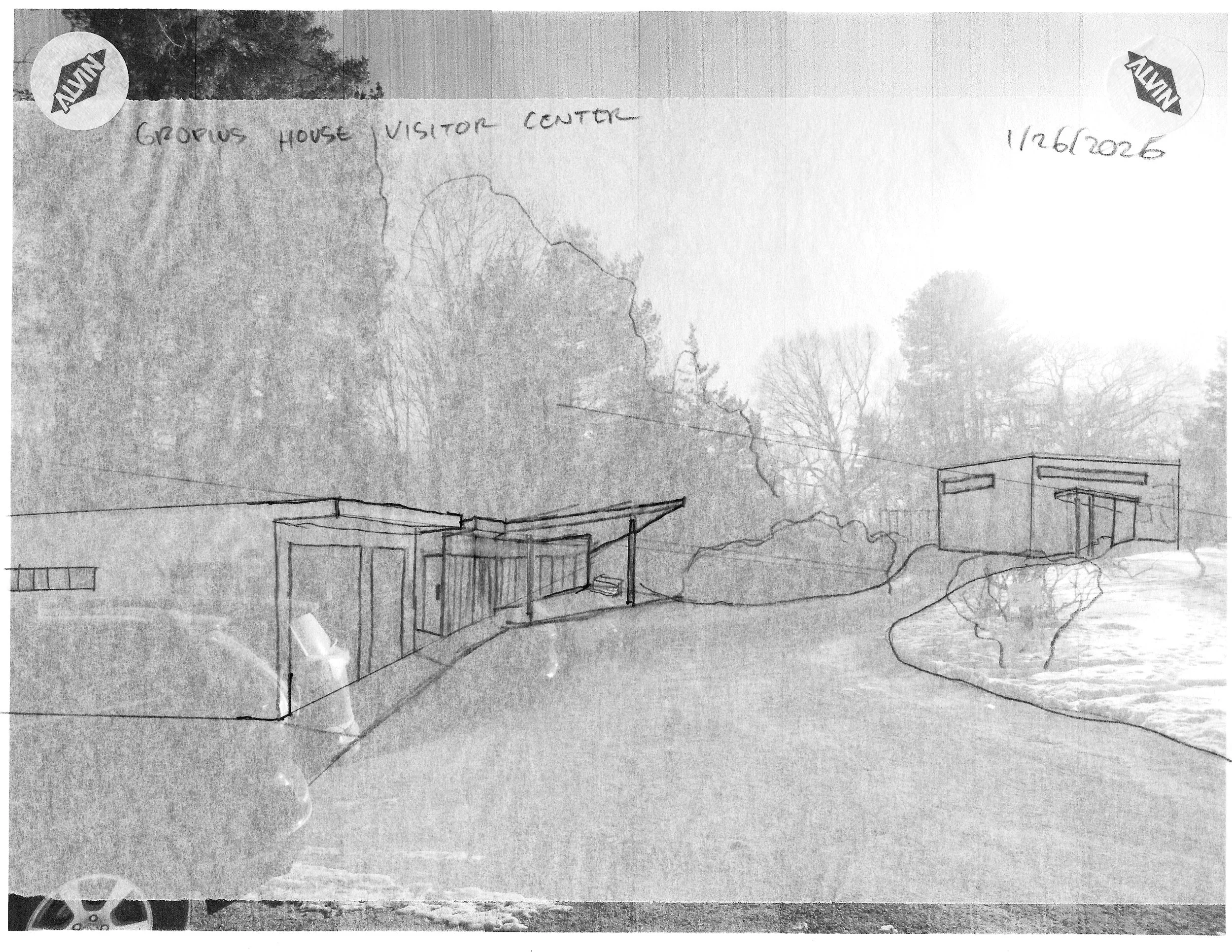 The visitor center gestures towards the Gropius House.