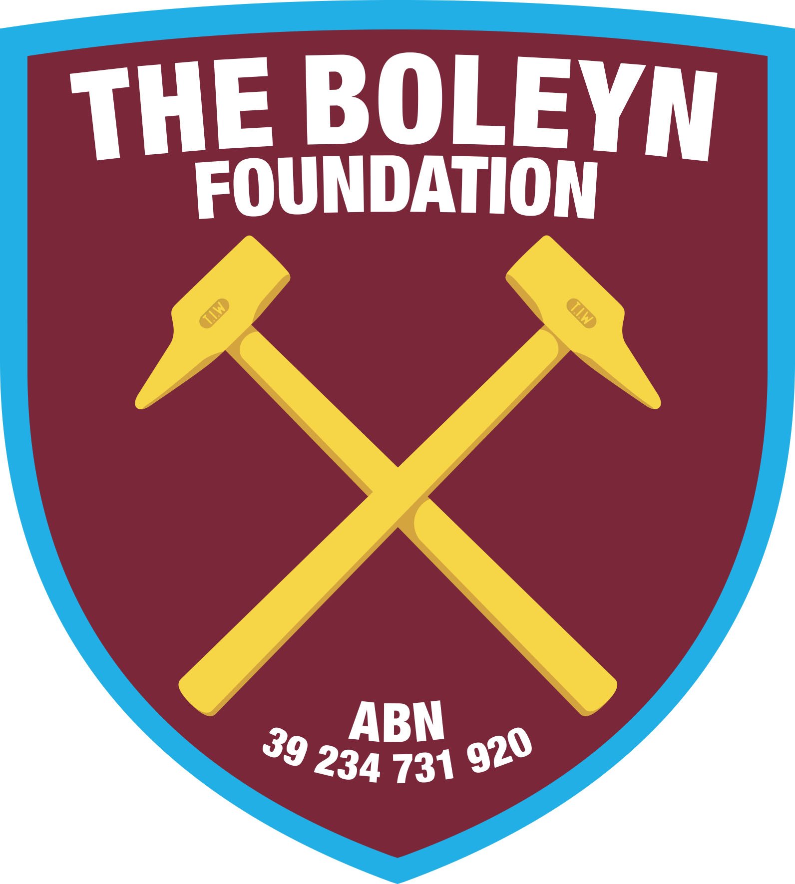 Logo for The Boleyn Foundation featuring two crossed yellow hammers and contact number ABN 39 234 731 920 on a shield-shaped crest with a blue border.