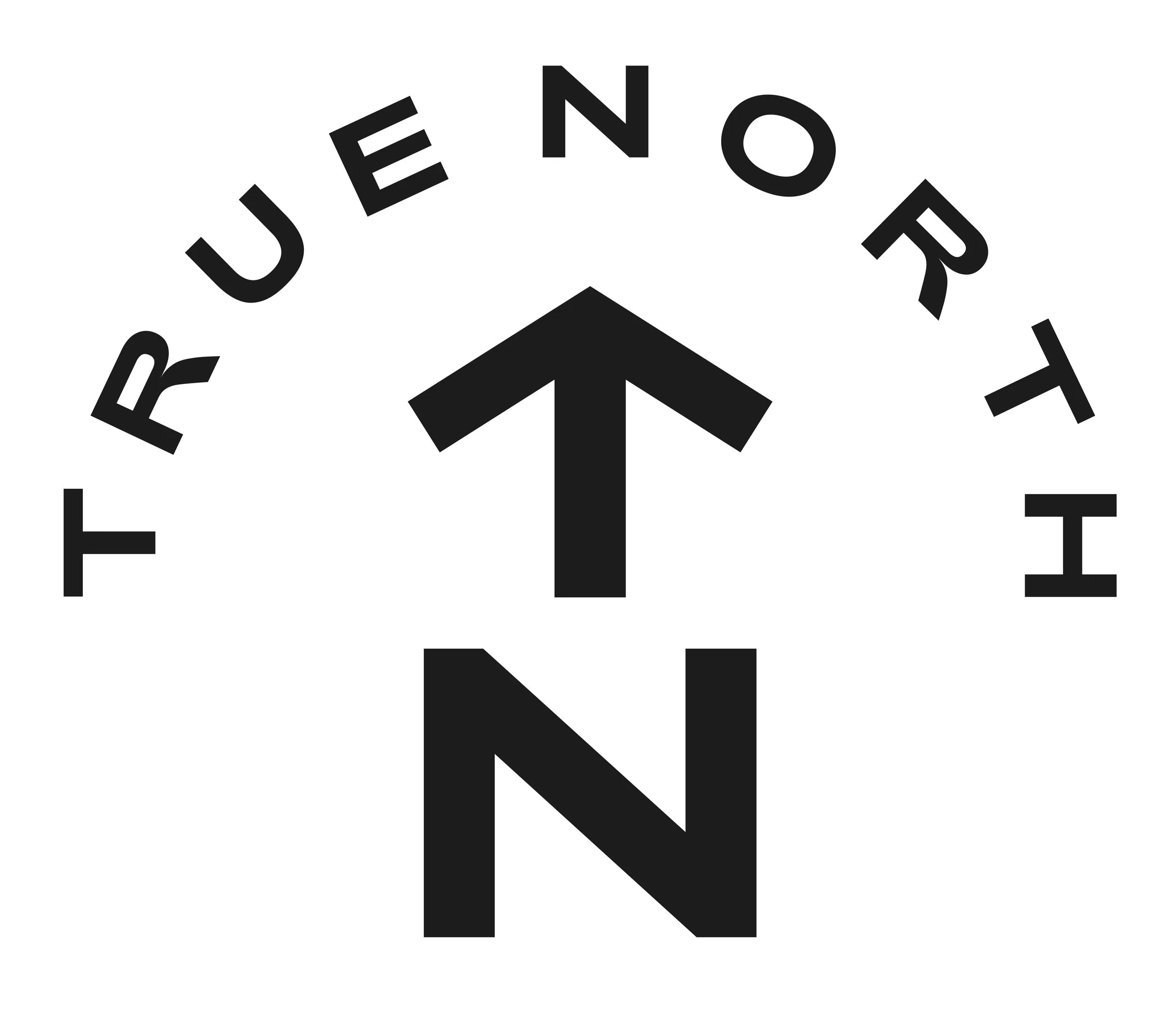 Black and white compass design with the words 'True North' arched around the top and a large upward arrow in the center.