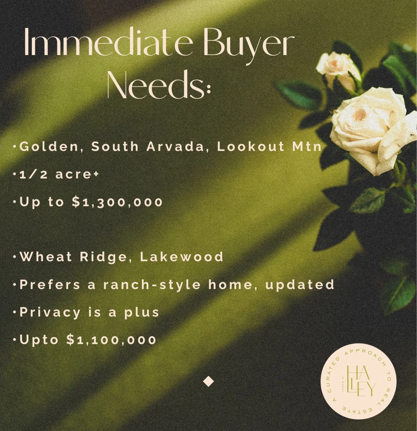 ✨ Immediate Buyer Needs ✨

We have two separate buyers motivated and ready to go, who are actively searching for the right home in Golden, South Arvada, Lookout Mountain, Wheat Ridge, or Lakewood 🏡

If you&rsquo;re a homeowner thinking about selling