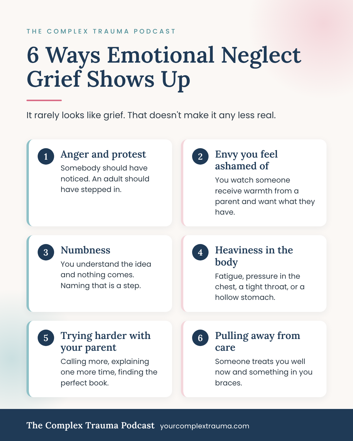 Infographic listing 6 ways the grief of childhood emotional neglect shows up, including anger, envy, numbness, and pulling away from care.