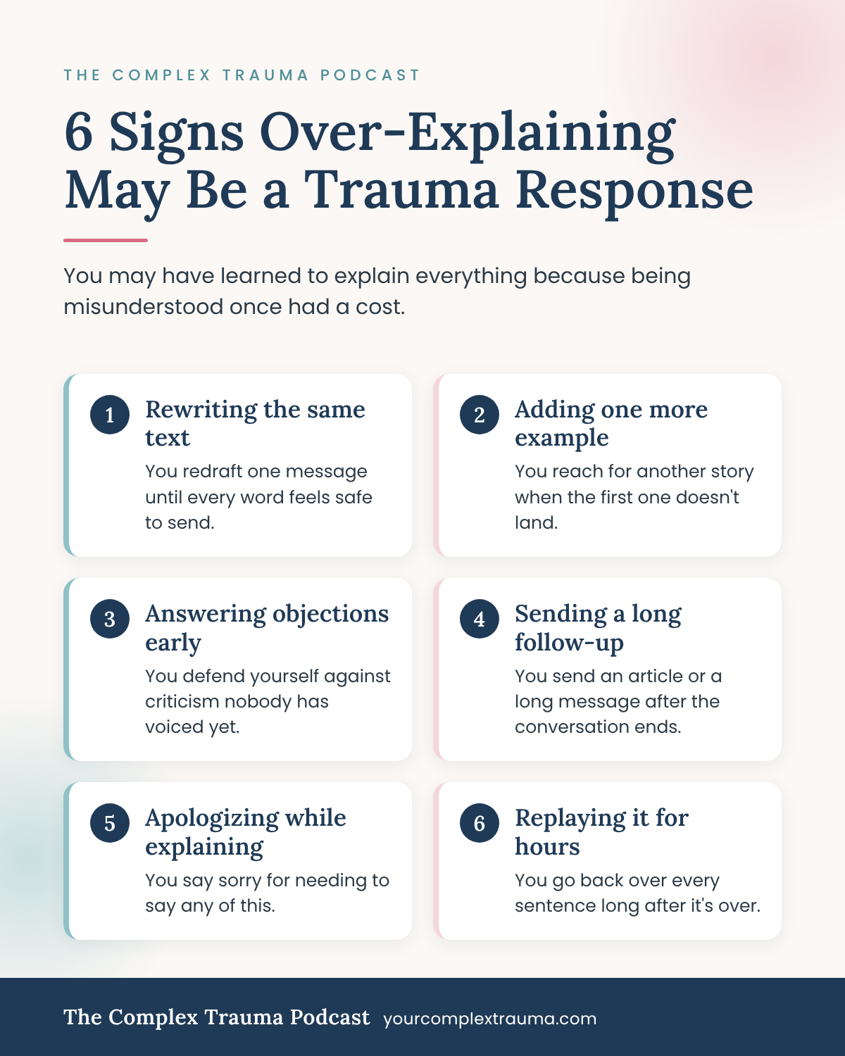 Infographic listing 6 signs over-explaining may be a trauma response, including redrafting texts and long follow-ups.