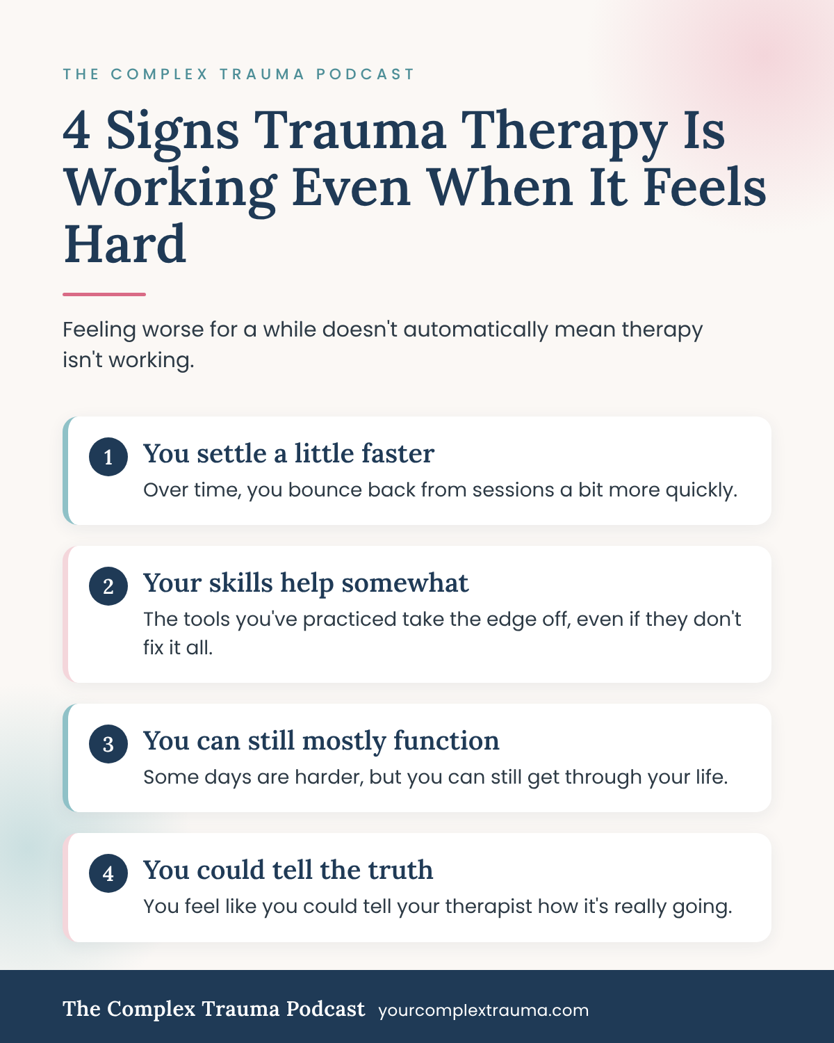 Infographic listing 4 signs trauma therapy is working even when it feels hard, like settling faster and still functioning.