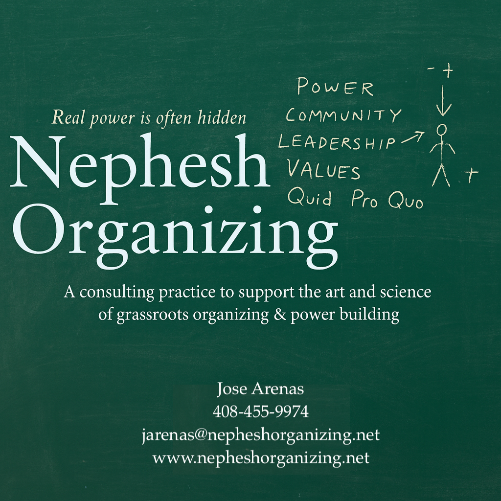 Green chalkboard with white text advertising Nepesh Organizing, a consulting practice supporting grassroots organizing and power building, with contact details and a diagram of a person with arrows indicating power and community.