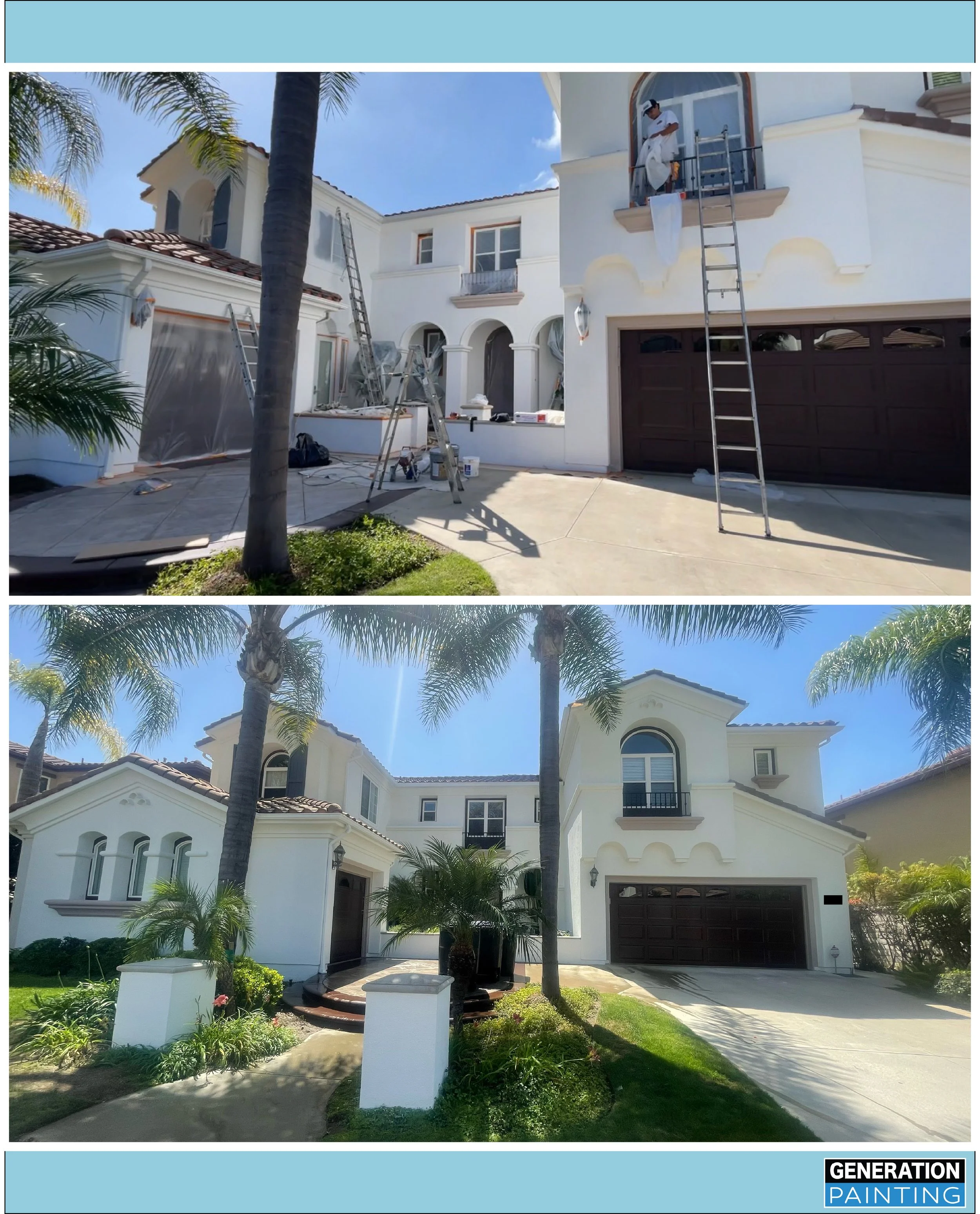 A large white house with arched windows and a dark garage door, surrounded by palm trees, with painters working on the exterior walls and a ladder leaning against the front of the house during daytime.