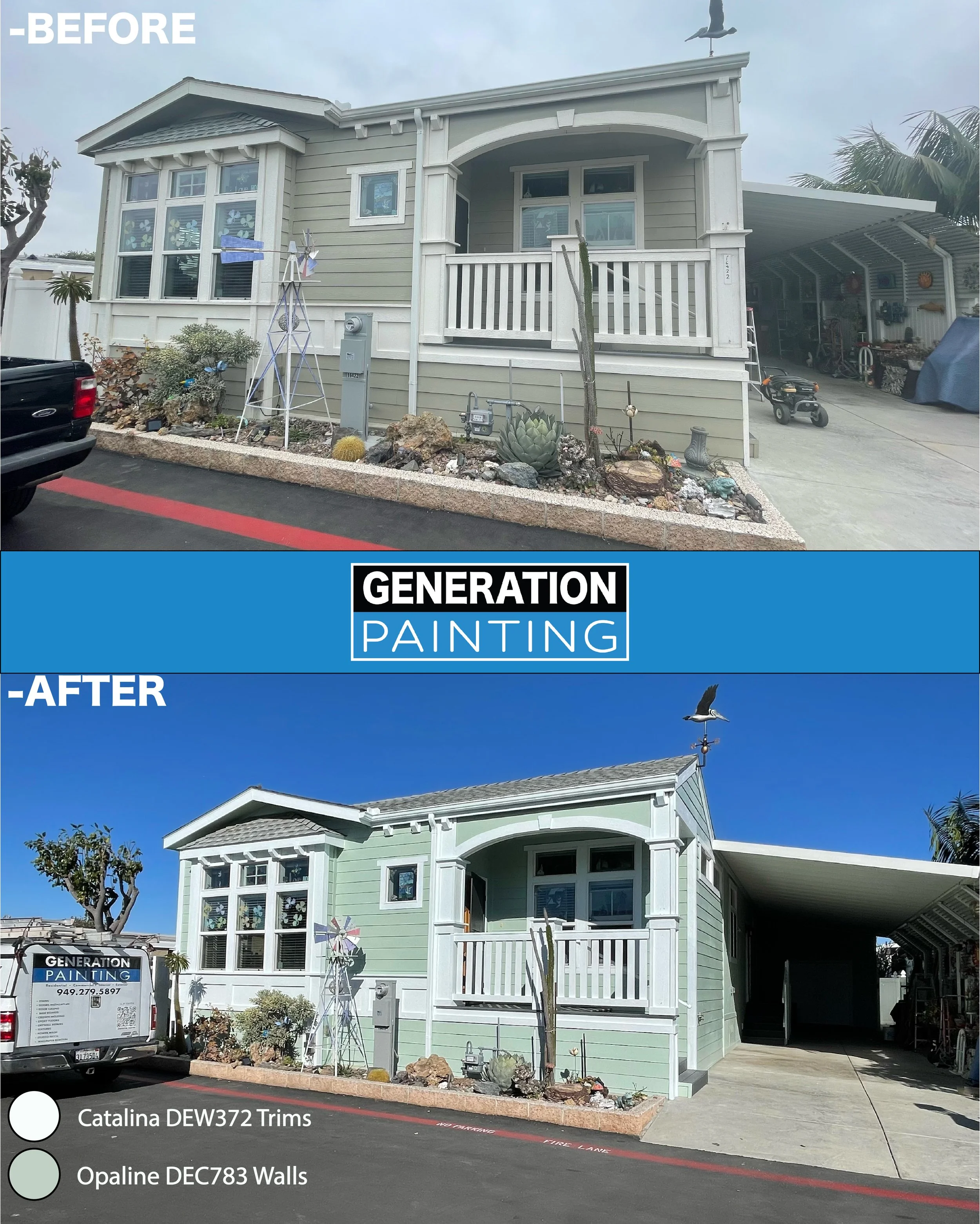 Before and after comparison of a house repainting project. The top image labeled 'BEFORE' shows a house with beige walls and white trim. The bottom image labeled 'AFTER' shows the same house painted in a light green color with white trim, under a clear blue sky with a seagull flying overhead.