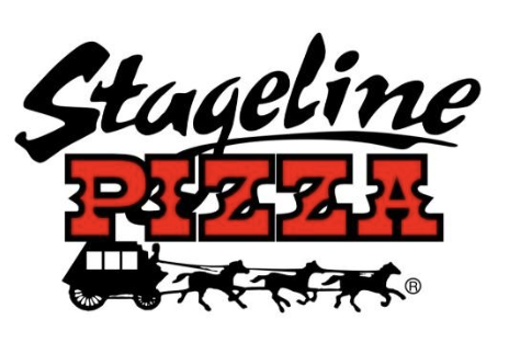 Logo for Stageline Pizza featuring a black and red text with a horse-drawn carriage.