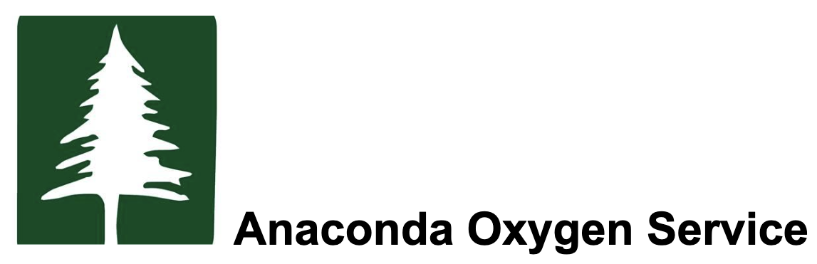 Green square logo with a white pine tree silhouette and the text 'Anaconda Oxygen Service' in black.
