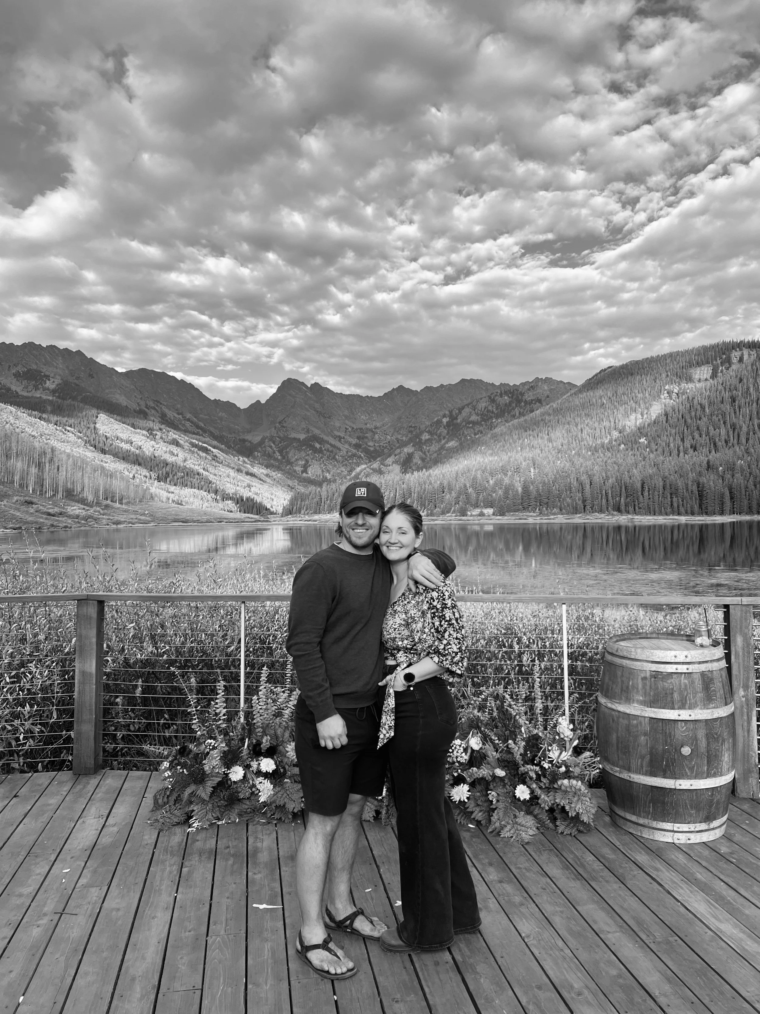 Couples portrait at Piney River Ranch, Vail, Colorado — black and white mountain lake backdrop, destination wedding and engagement photography by Anna Hudson