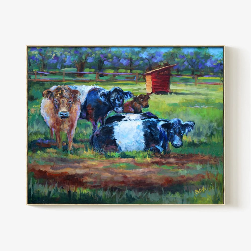 Beth Haizlip painting of Lowcountry cows grazing in a meadow in Kiawah River, South Carolina.