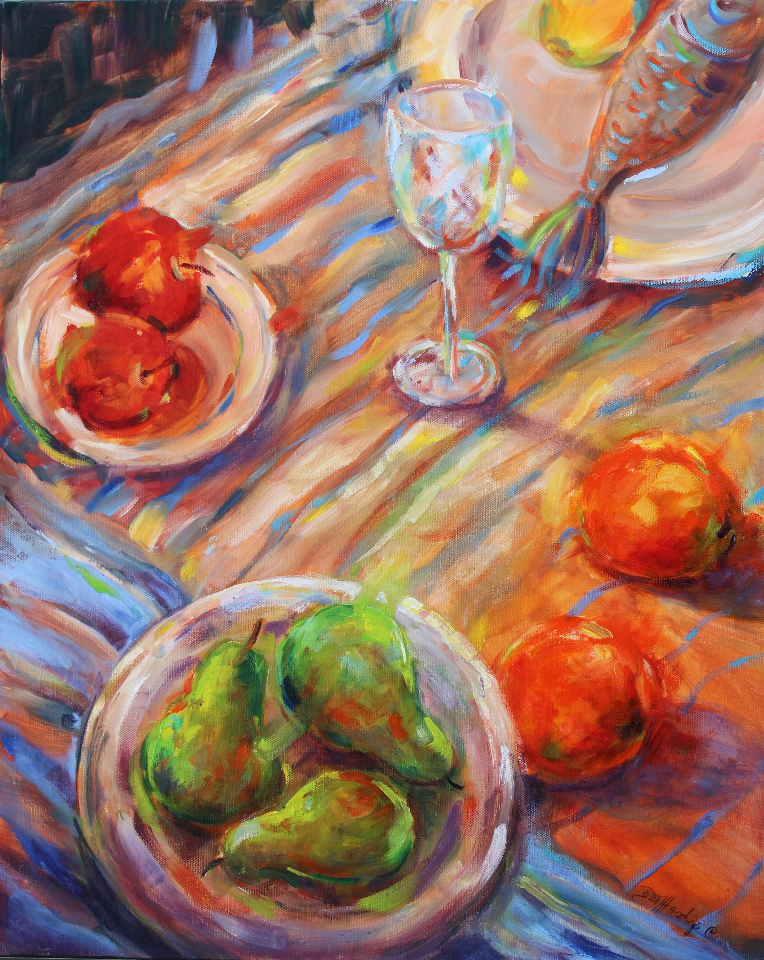 Abstract painting of a dinner table with green pears on a plate, pomegranates, a wine glass, and a partially visible person in a colorful outfit.