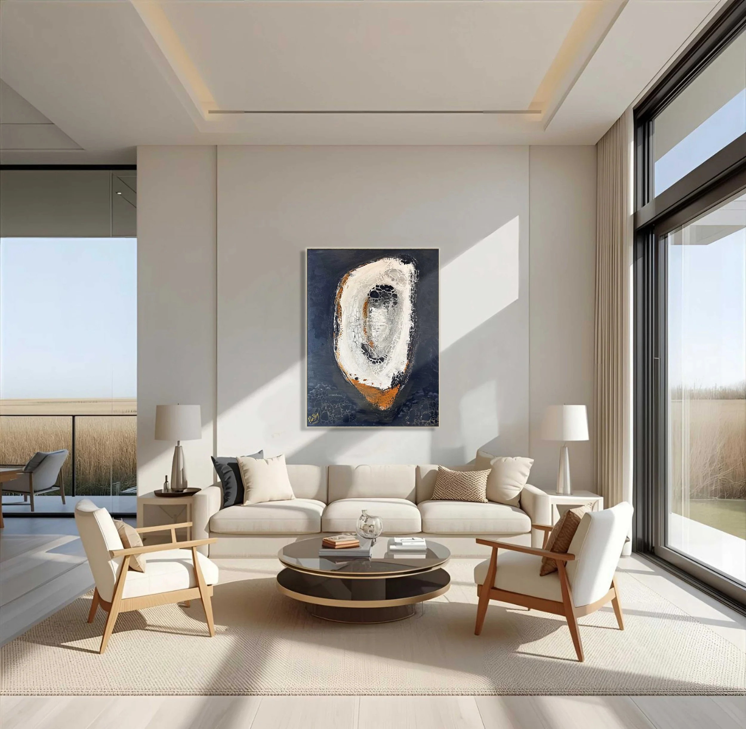 Modern living room with a white sofa, two white armchairs, a round black coffee table, and artwork on the wall, illuminated by natural light from large windows. Original abstract impressionist art by Pam Boney, Architectural Oyster on Blue.