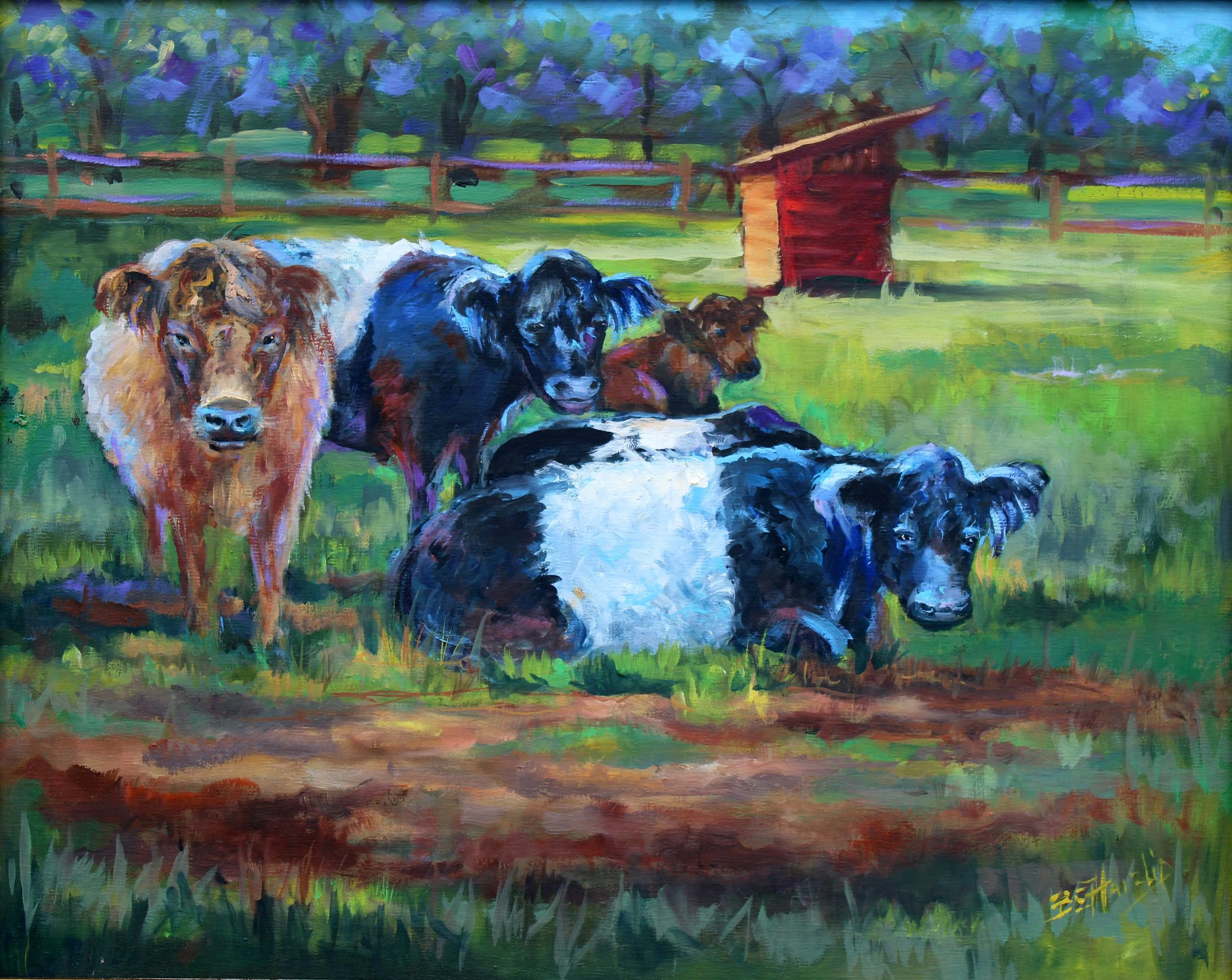 A colorful, impressionistic painting of three dogs lying on a grassy field near a red doghouse, with trees and a fence in the background.