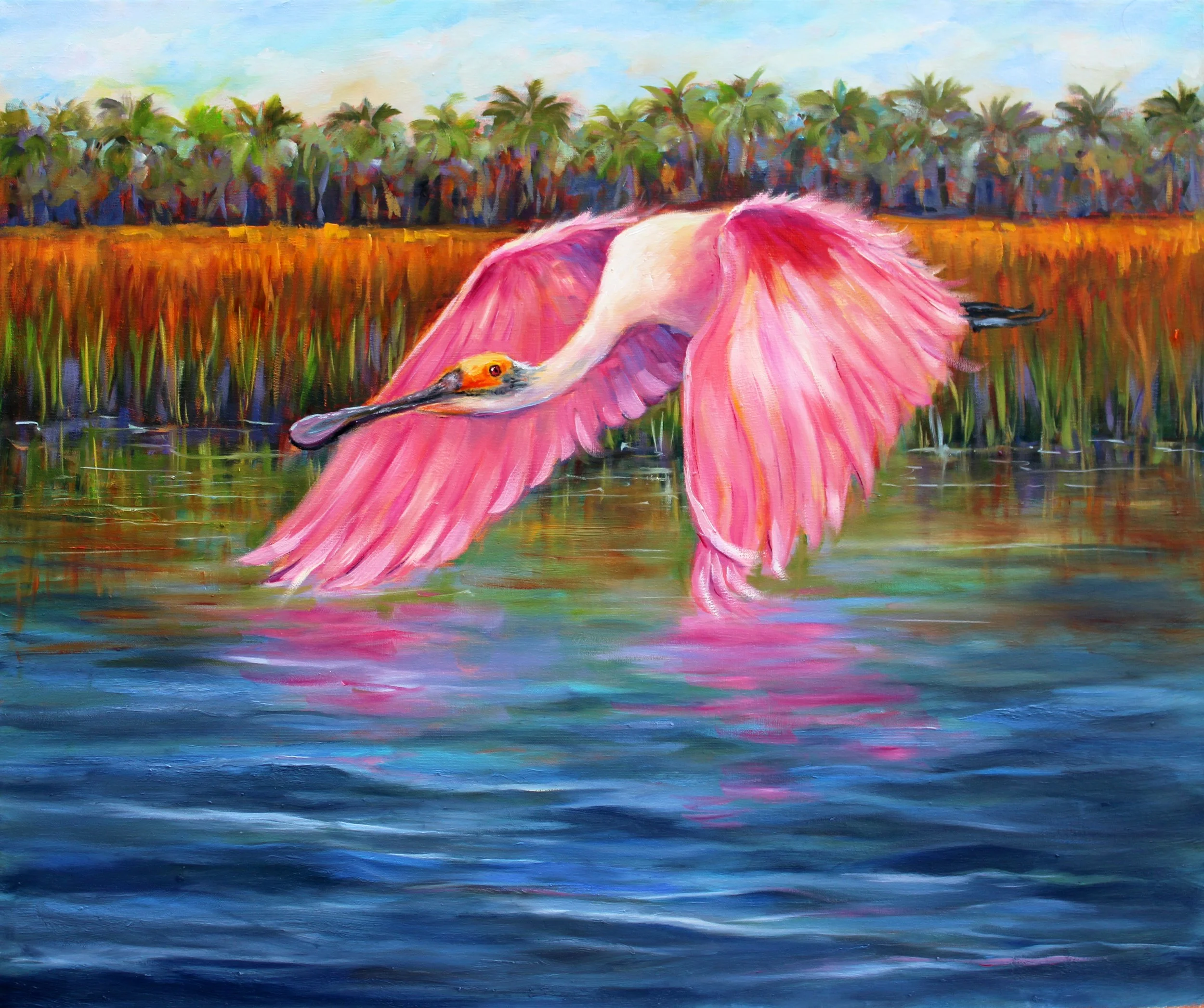 A vibrant painting of a pink flamingo in water, with a background of palm trees along a shoreline under a cloudy sky.