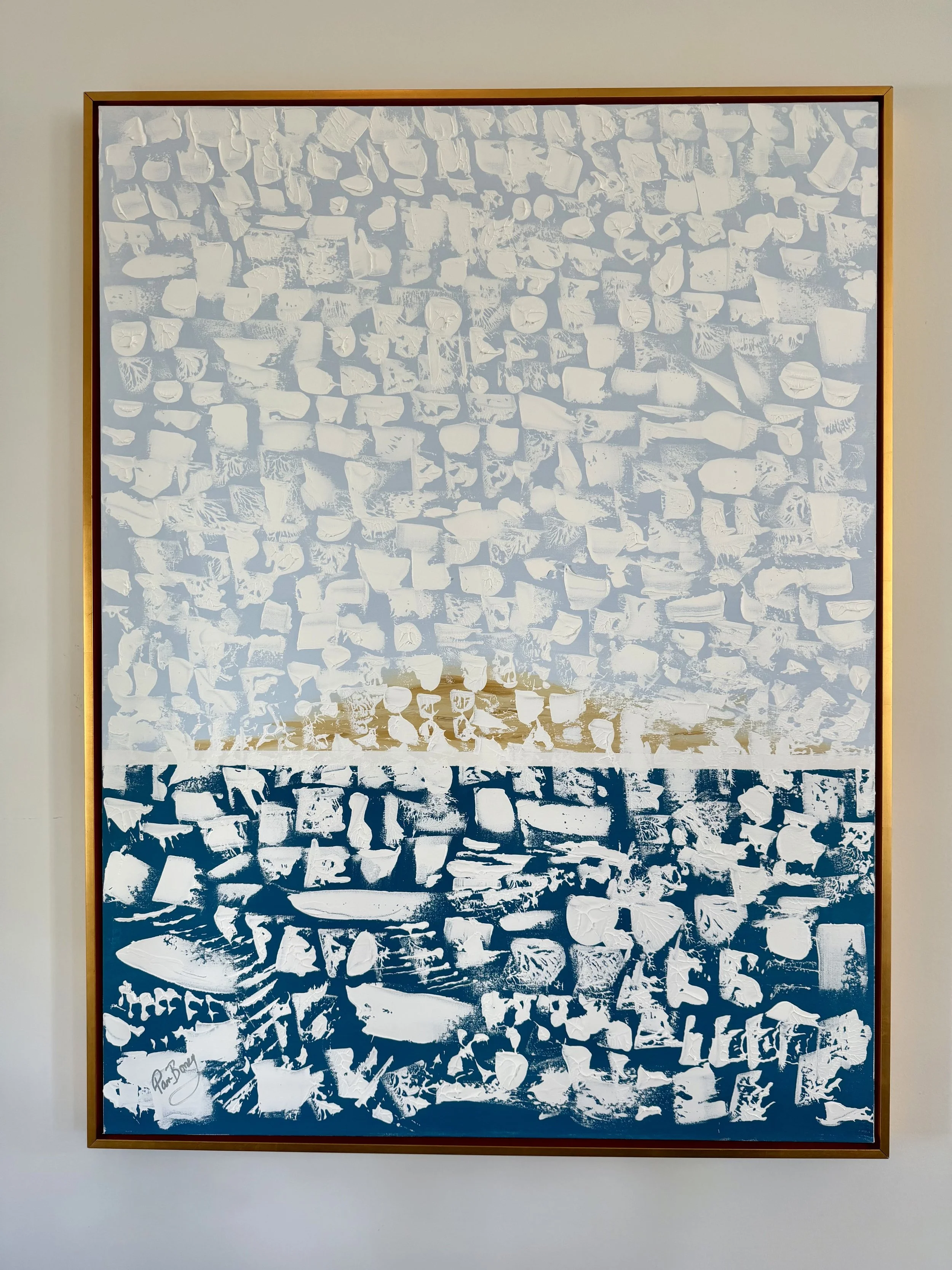 Abstract painting of a beach sunset, with a custom, gold leaf floating frame. 