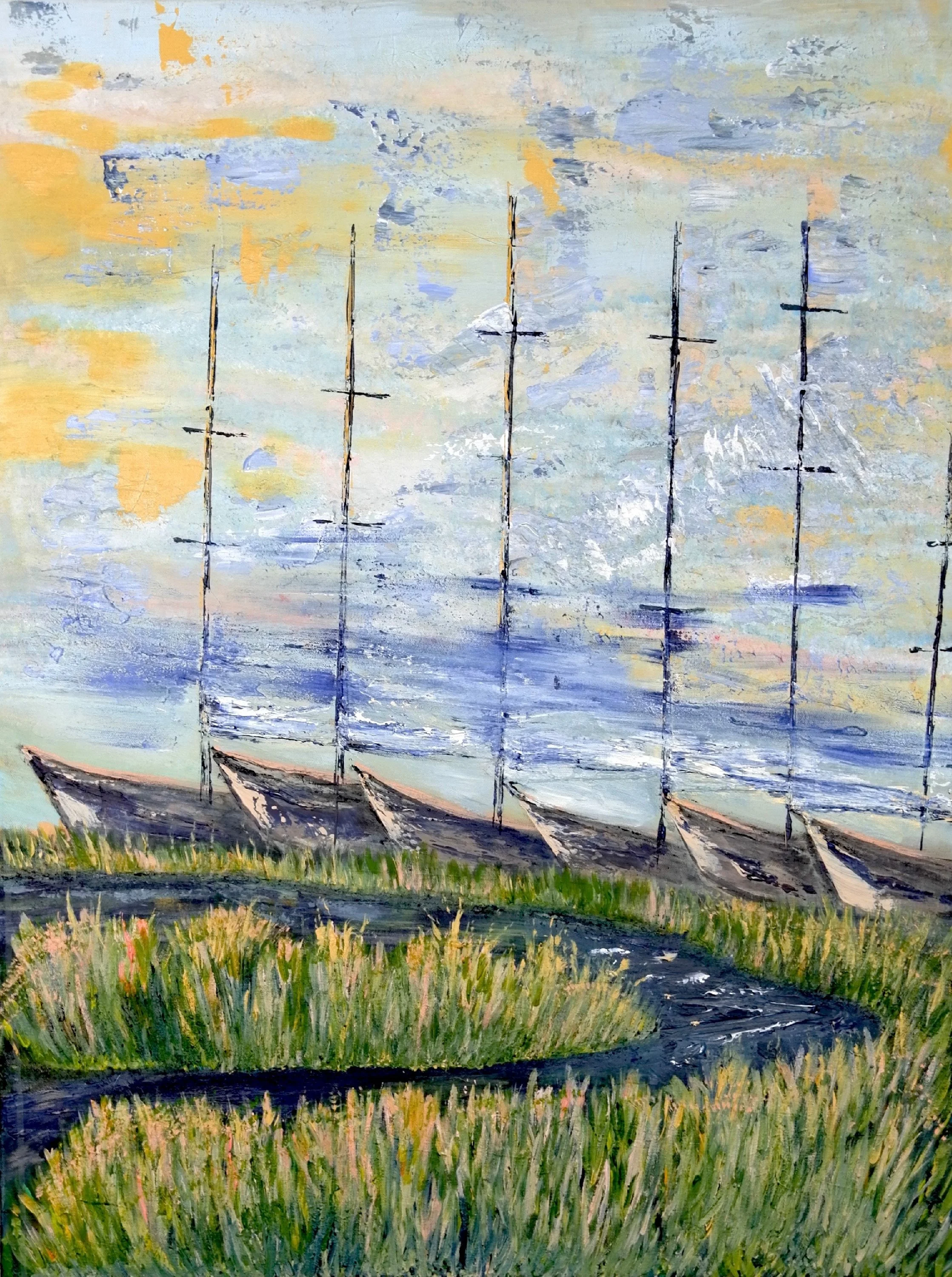 An impressionist painting of several sailboats with tall masts resting on grassy land near water, with cloudy sky in the background.