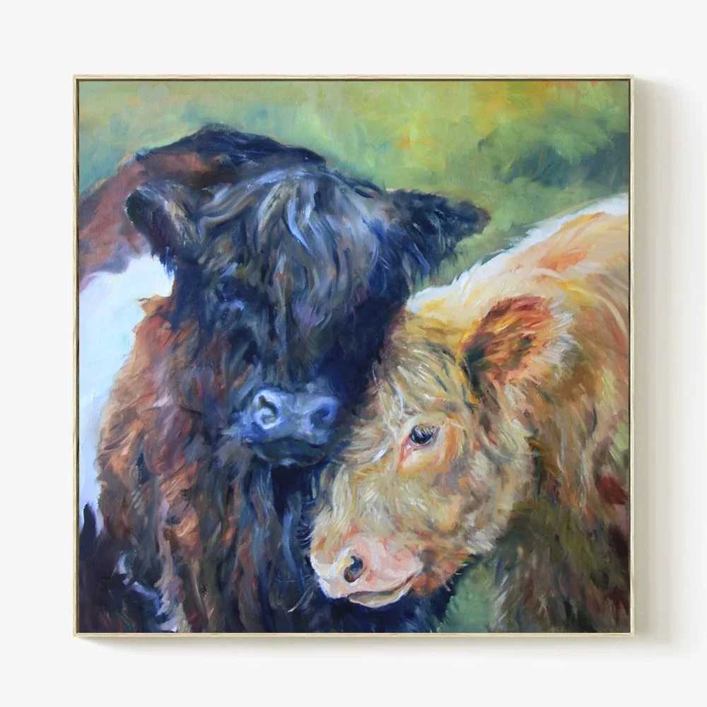 Colorful painting of two bison, one dark and one light-colored, close together against a green background.