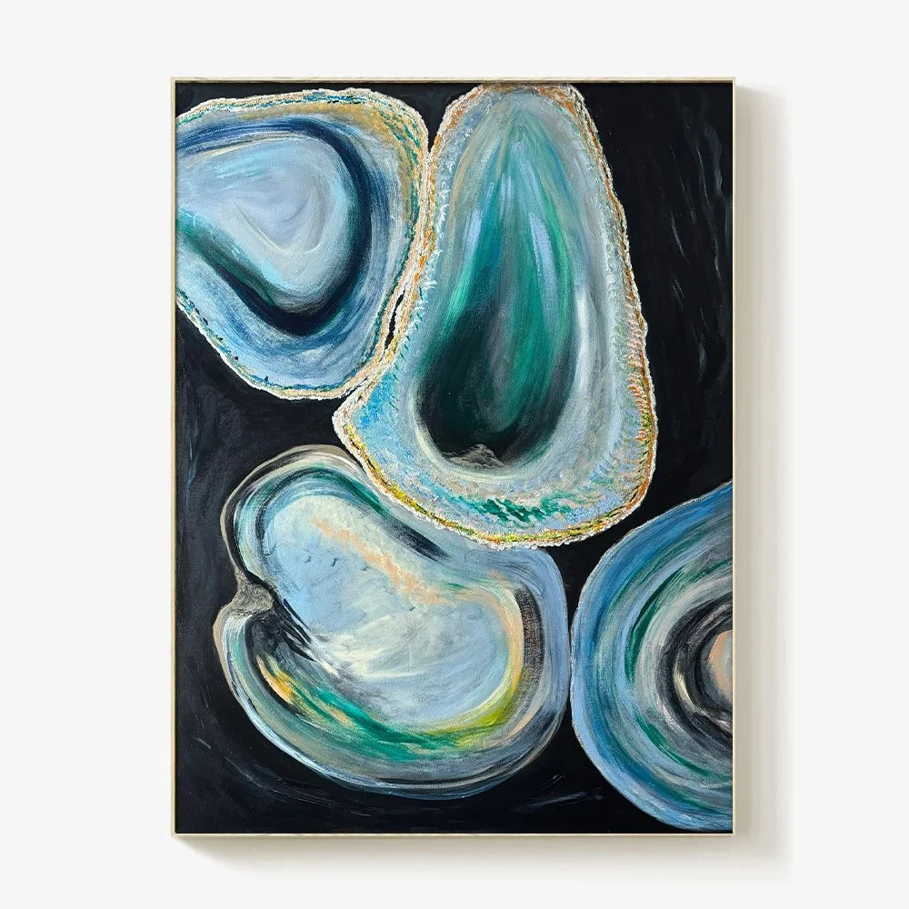 Abstract painting of oyster shells in shades of blue, green, white, and black on a dark background.