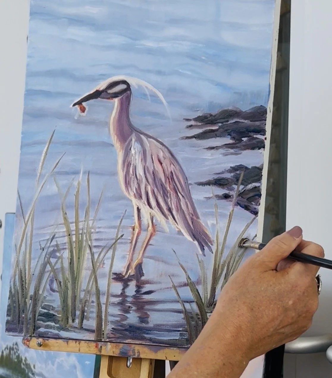Sophie Dare Painting of a yellow crowned night heron at Kiawah River