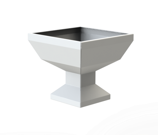 Fioriera architettonica in metallo verniciato modello Keystone, qui in bianco. Finitura customizzabile in tutta la gamma RAL per progetti contract