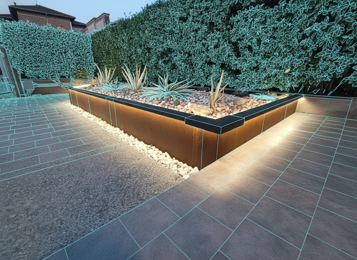 Aiuola rialzata in acciaio Corten illuminata a LED in un giardino serale, con sovrapposta una grafica a linee wireframe azzurre che ne evidenzia la struttura geometrica e progettuale.